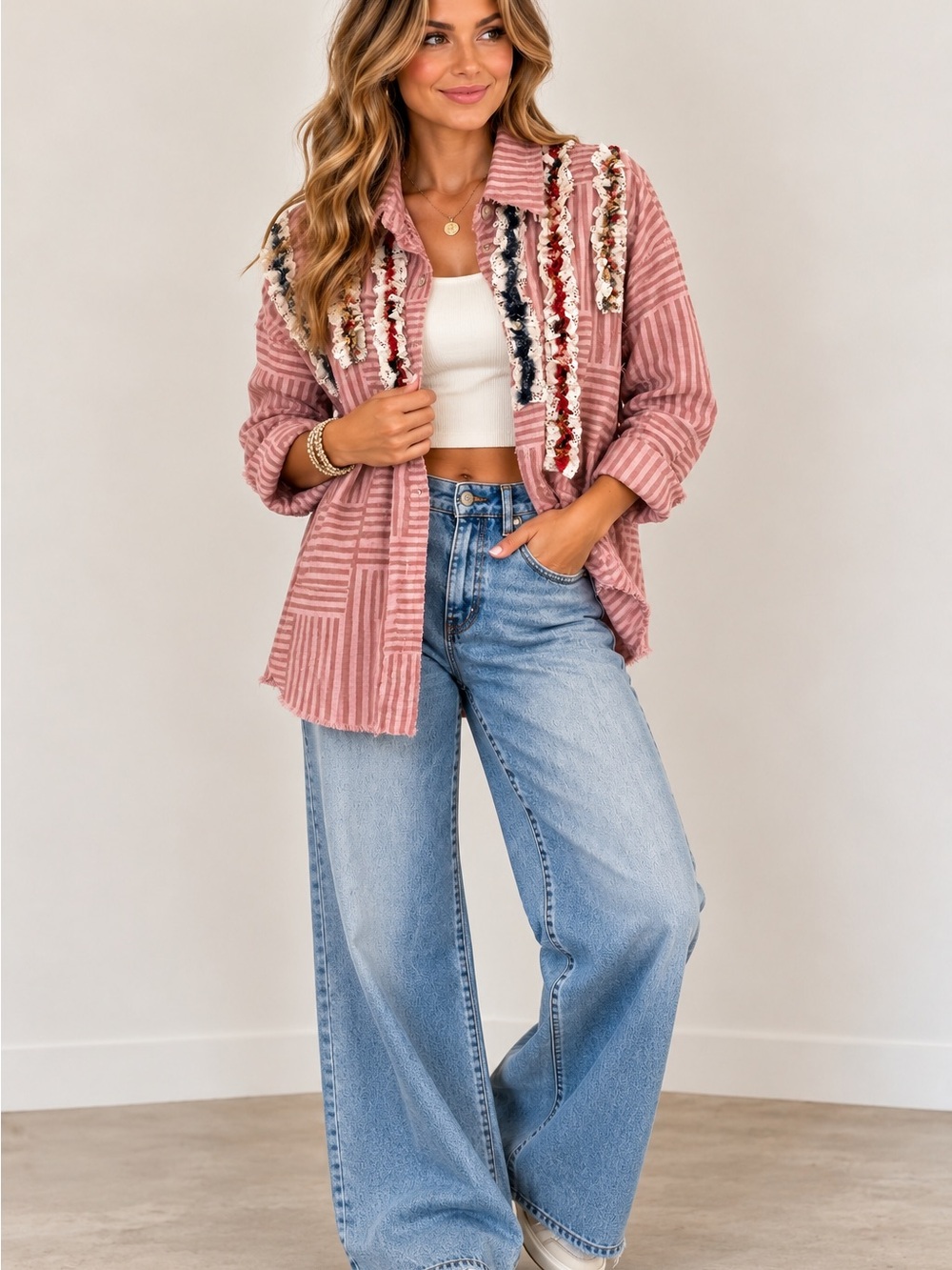 Oli & Hali Rose-Pink Textured Fringe Button-Down Shirt Jacket